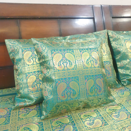 Banarasi Bed Cushion & Pillow Cover Teal Green Peacock Set Silk & Woven Brocade