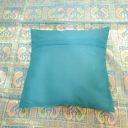 Banarasi Bed Cushion & Pillow Cover Teal Green Peacock Set Silk & Woven Brocade