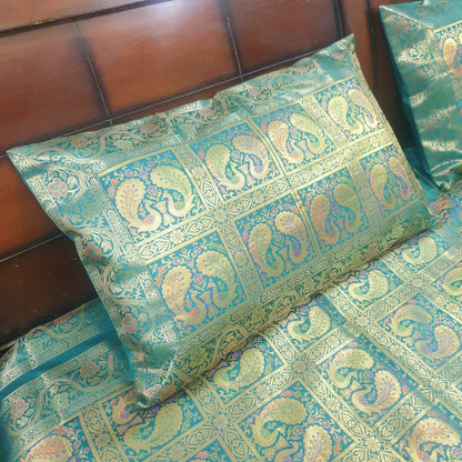 Banarasi Bed Cushion & Pillow Cover Teal Green Peacock Set Silk & Woven Brocade