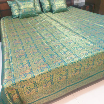 Banarasi Bed Cushion & Pillow Cover Teal Green Peacock Set Silk & Woven Brocade