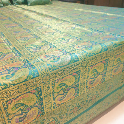 Banarasi Bed Cushion & Pillow Cover Teal Green Peacock Set Silk & Woven Brocade