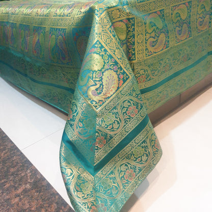 Banarasi Bed Cushion & Pillow Cover Teal Green Peacock Set Silk & Woven Brocade
