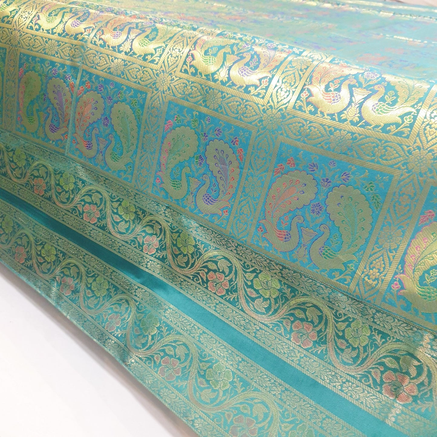 Banarasi Bed Cushion & Pillow Cover Teal Green Peacock Set Silk & Woven Brocade