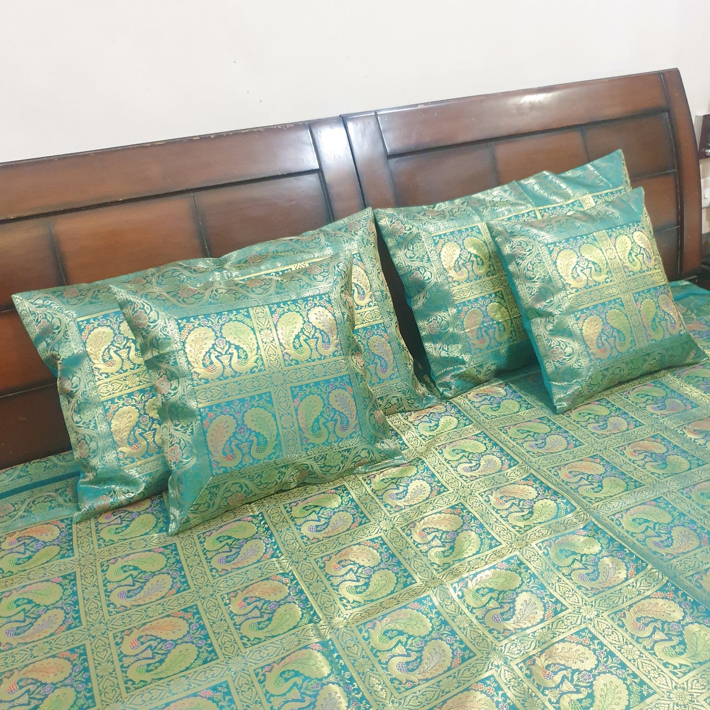 Banarasi Bed Cushion & Pillow Cover Teal Green Peacock Set Silk & Woven Brocade