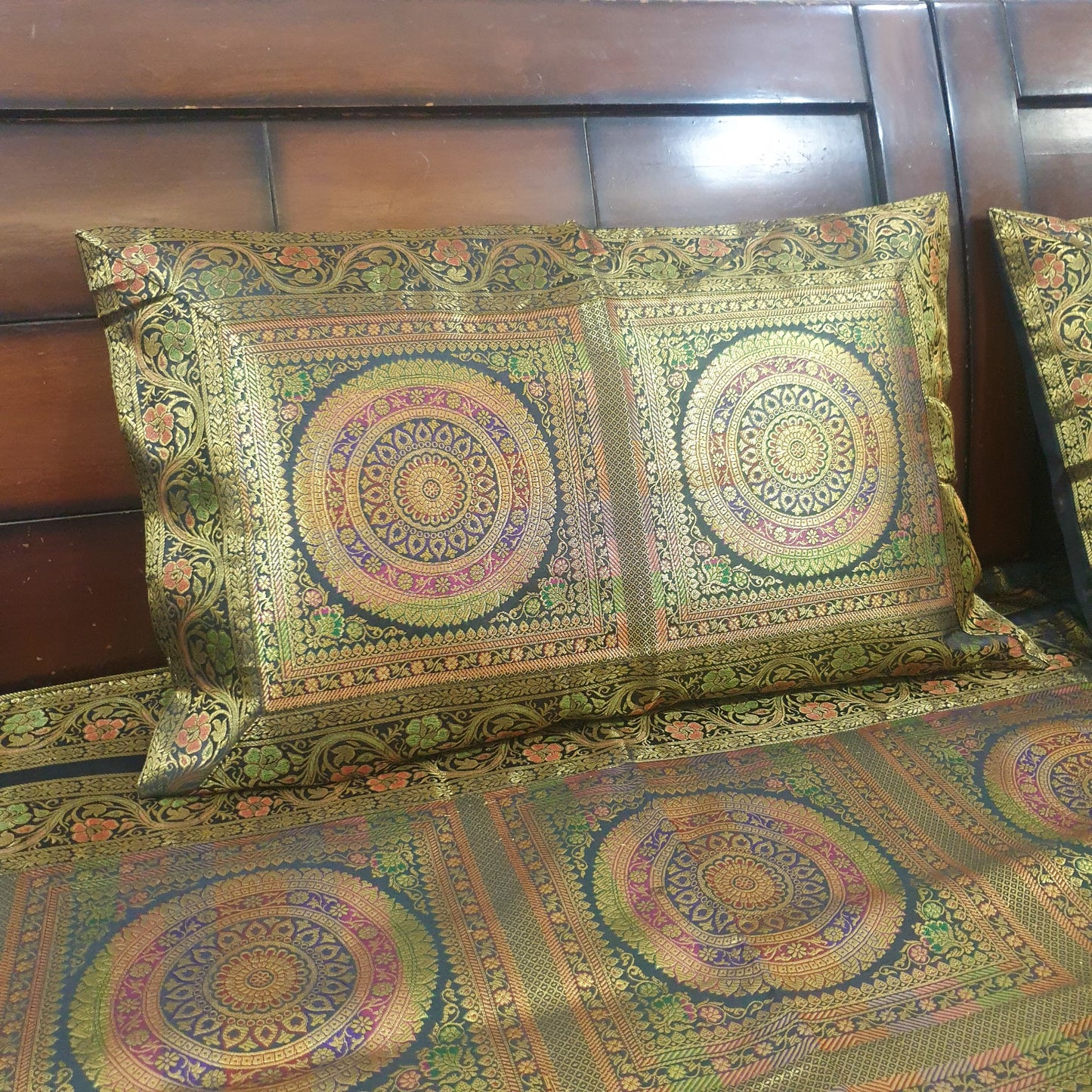 Banarasi Bed Cushion & Pillow Cover Set Mandala Black Woven Zari Brocade Gift