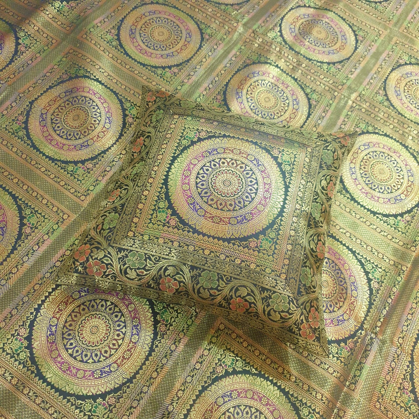 Banarasi Bed Cushion & Pillow Cover Set Mandala Black Woven Zari Brocade Gift