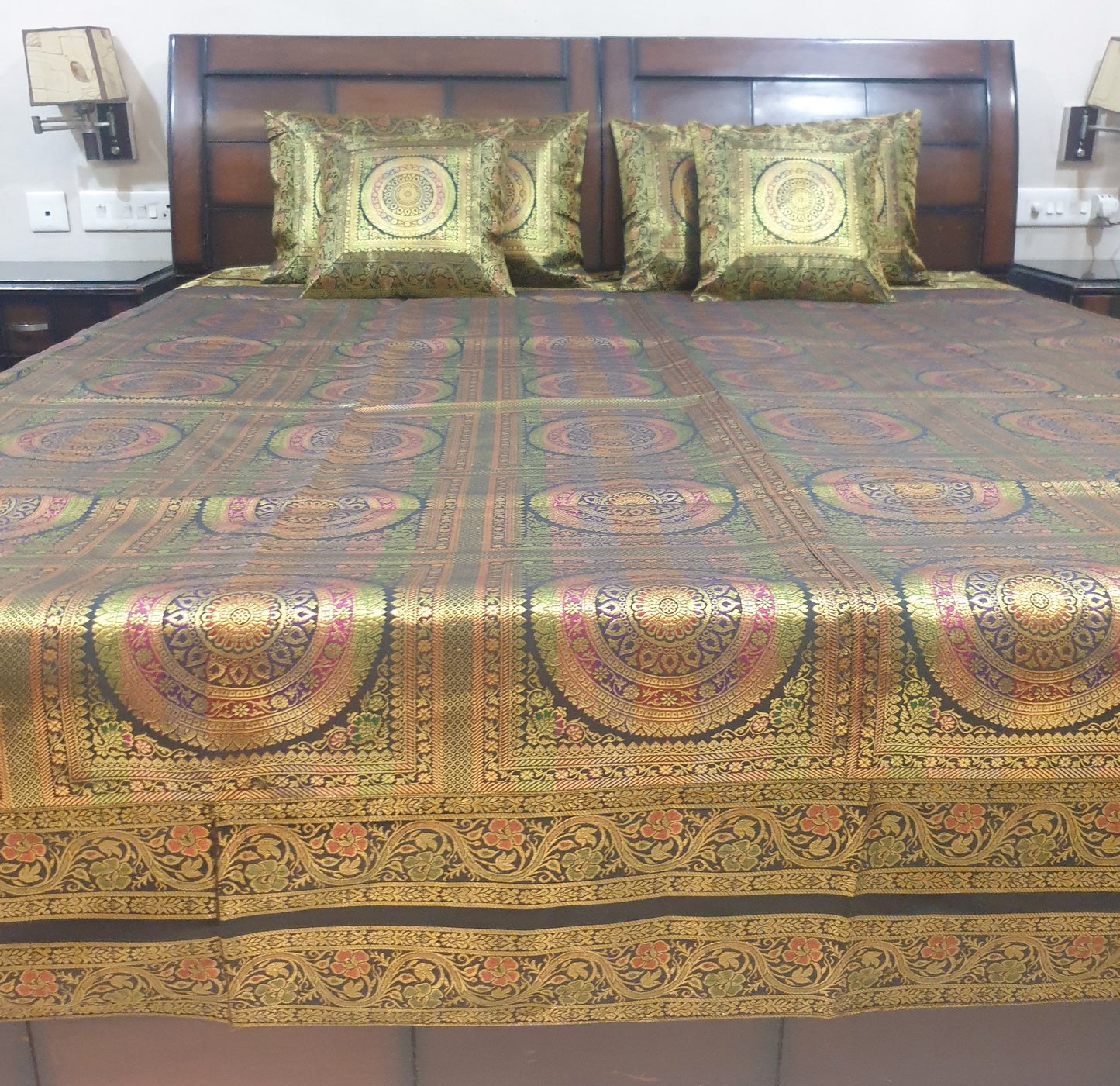 Banarasi Bed Cushion & Pillow Cover Set Mandala Black Woven Zari Brocade Gift