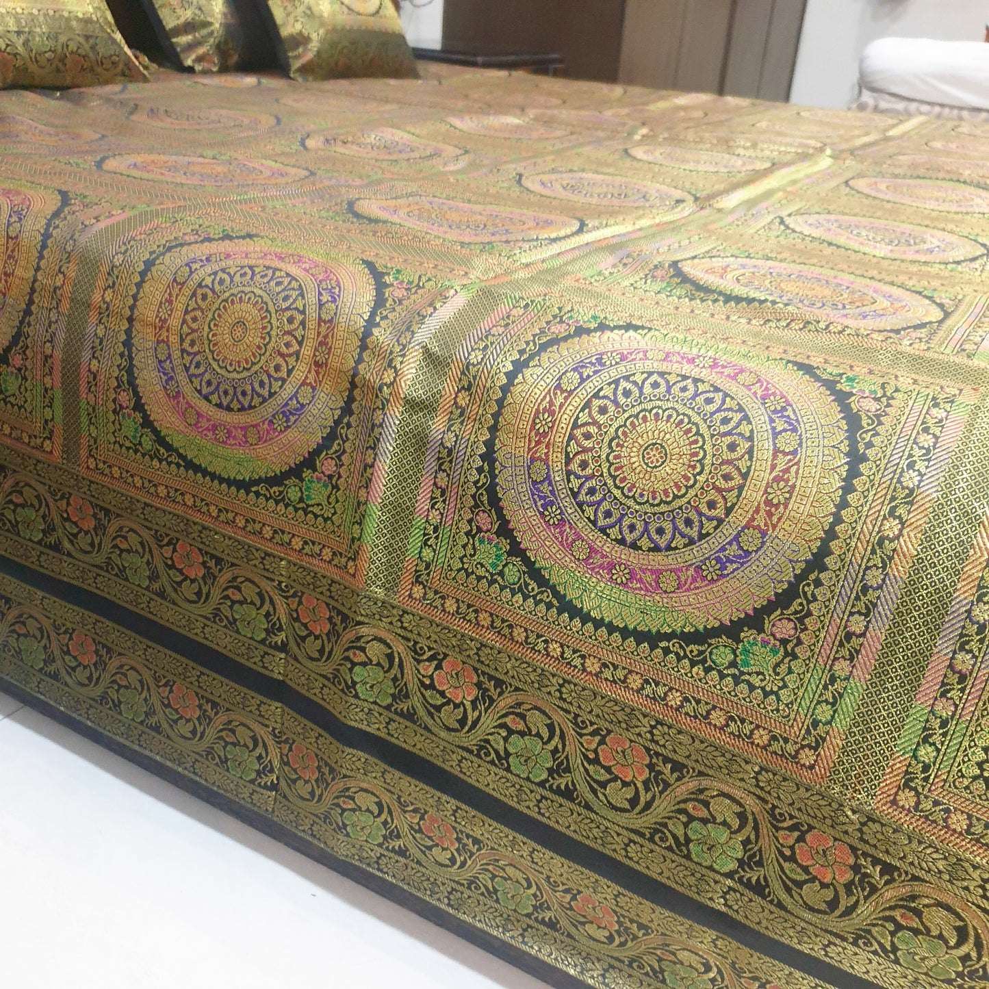 Banarasi Bed Cushion & Pillow Cover Set Mandala Black Woven Zari Brocade Gift