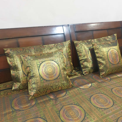 Banarasi Bed Cushion & Pillow Cover Set Mandala Black Woven Zari Brocade Gift