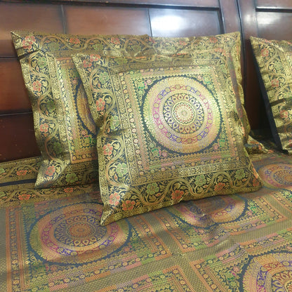 Banarasi Bed Cushion & Pillow Cover Set Mandala Black Woven Zari Brocade Gift