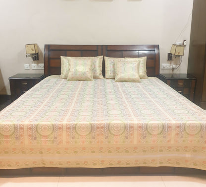 Banarasi Bed Cushion & Pillow Cover Set White Mandala Silk & Woven Zari Brocade