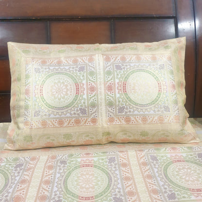 Banarasi Bed Cushion & Pillow Cover Set White Mandala Silk & Woven Zari Brocade