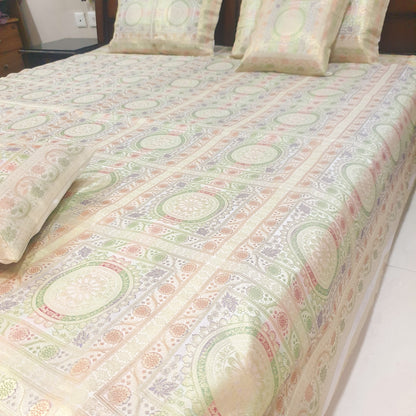 Banarasi Bed Cushion & Pillow Cover Set White Mandala Silk & Woven Zari Brocade
