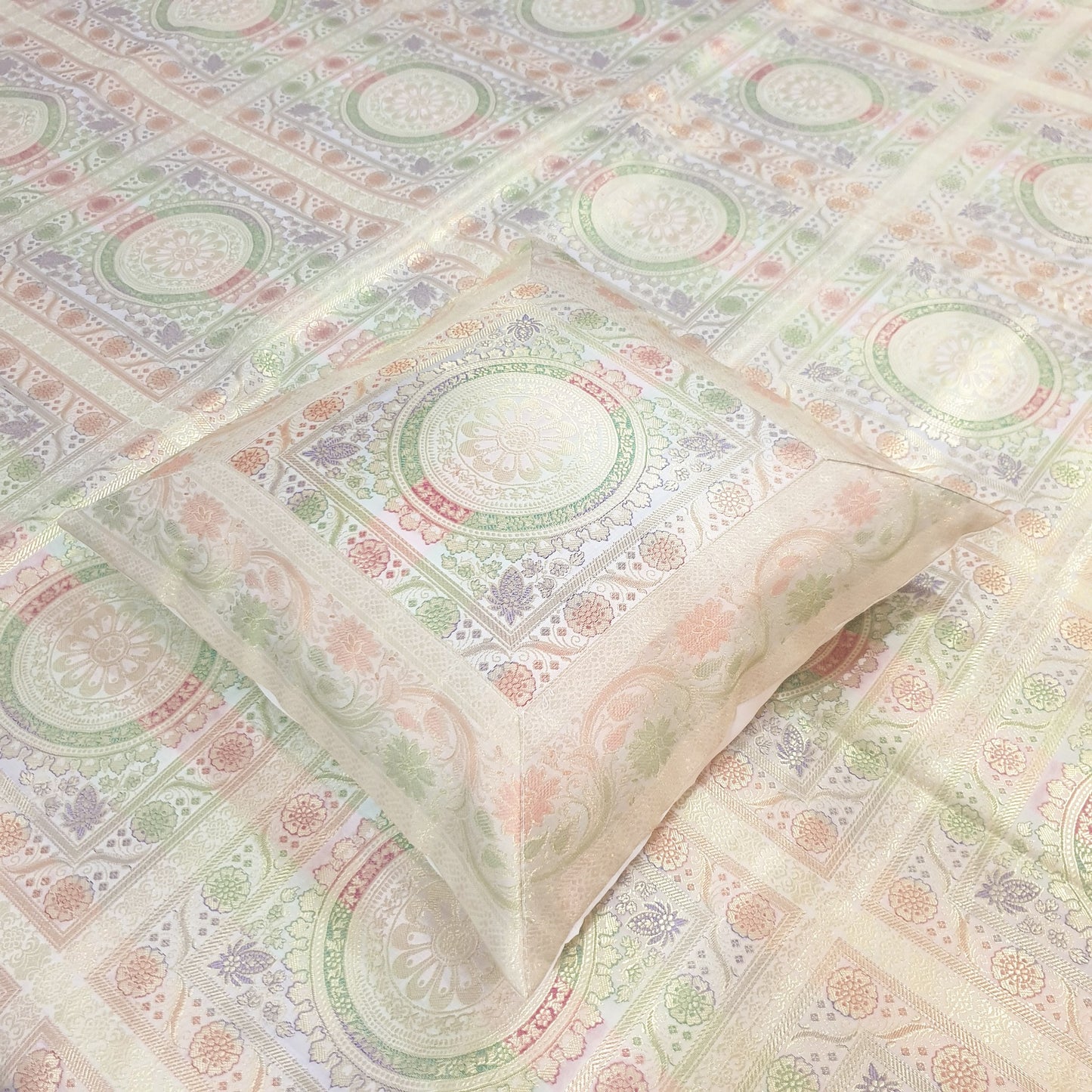 Banarasi Bed Cushion & Pillow Cover Set White Mandala Silk & Woven Zari Brocade