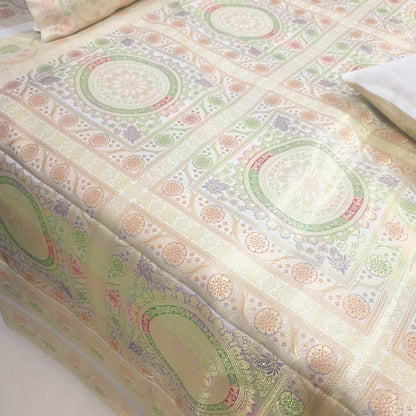 Banarasi Bed Cushion & Pillow Cover Set White Mandala Silk & Woven Zari Brocade