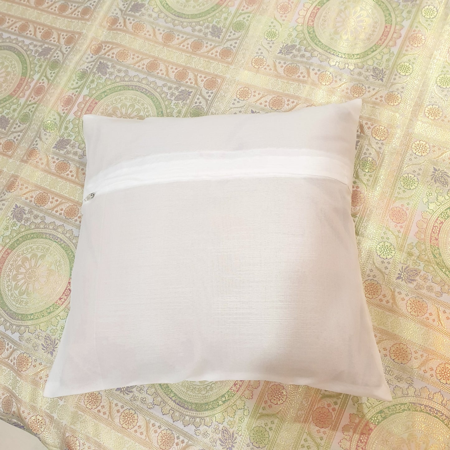 Banarasi Bed Cushion & Pillow Cover Set White Mandala Silk & Woven Zari Brocade