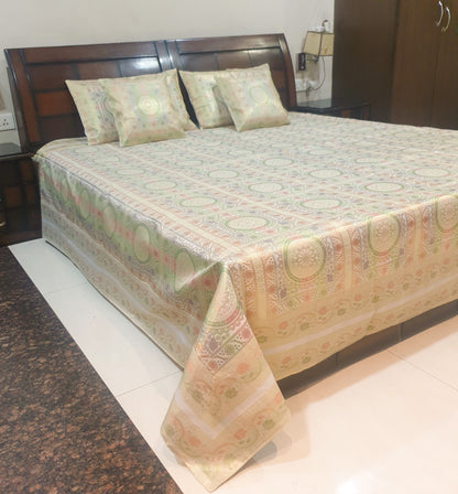 Banarasi Bed Cushion & Pillow Cover Set White Mandala Silk & Woven Zari Brocade