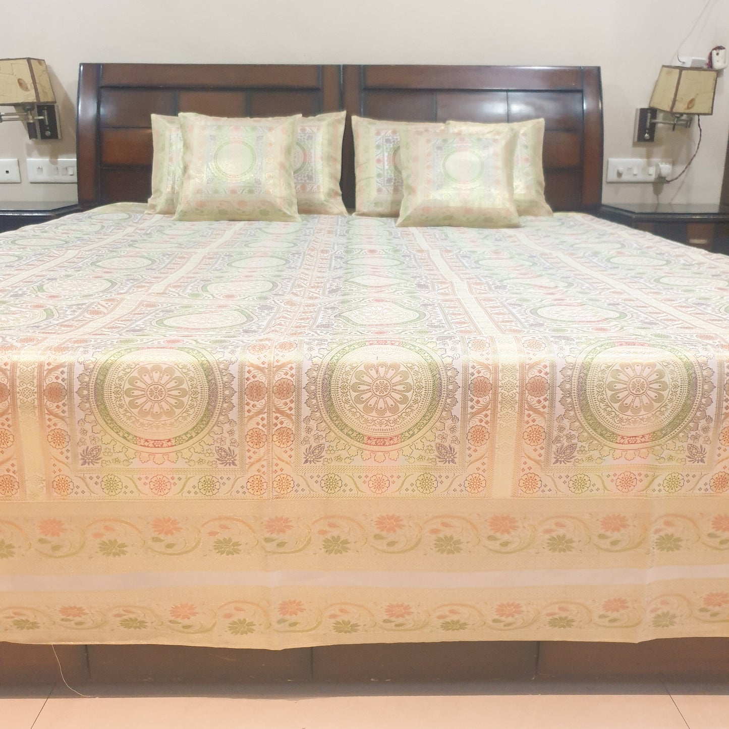 Banarasi Bed Cushion & Pillow Cover Set White Mandala Silk & Woven Zari Brocade