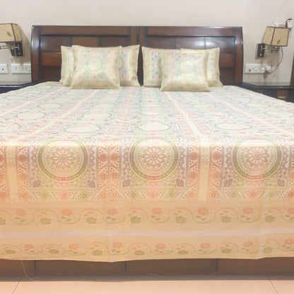 Banarasi Bed Cushion & Pillow Cover Set White Mandala Silk & Woven Zari Brocade