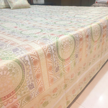 Banarasi Bed Cushion & Pillow Cover Set White Mandala Silk & Woven Zari Brocade