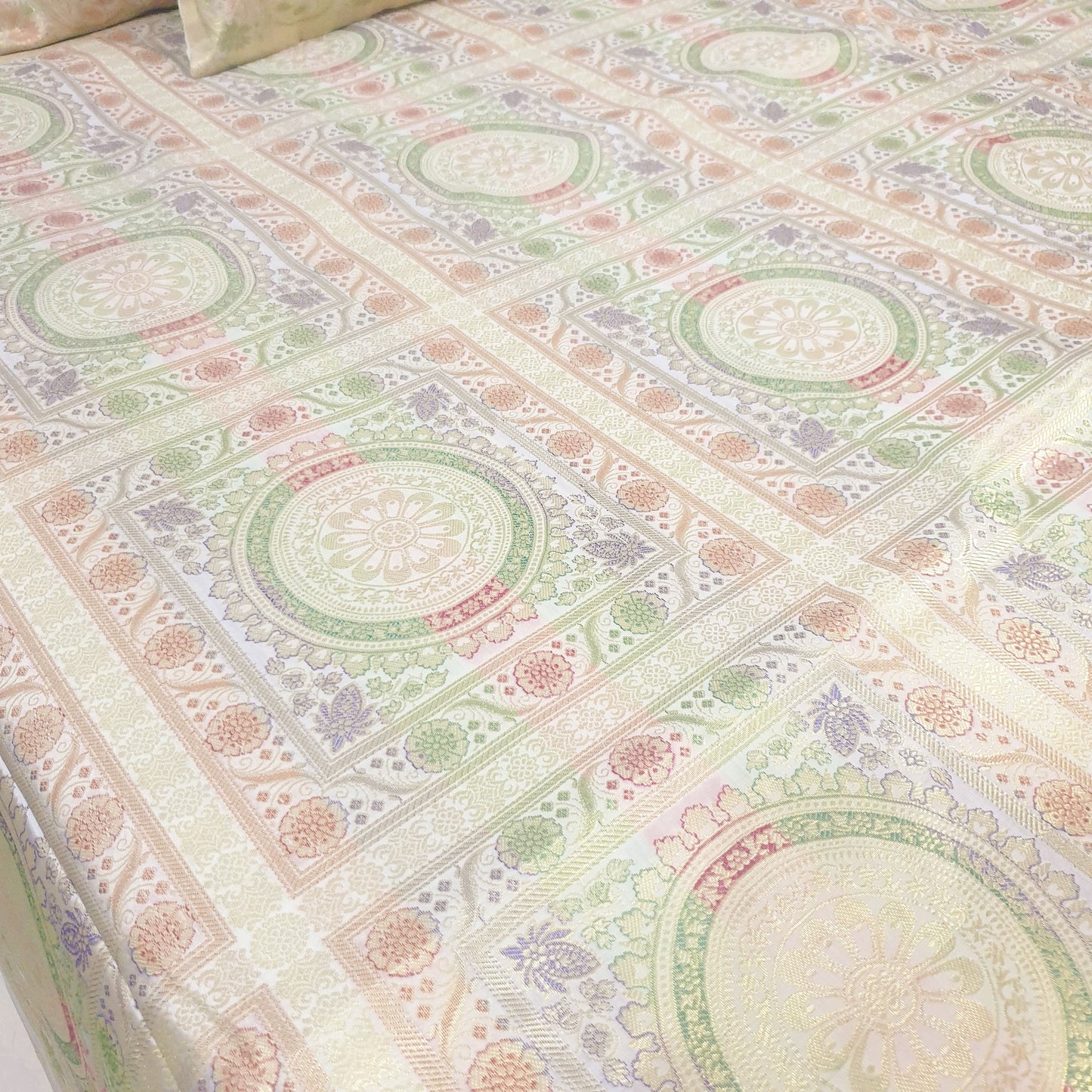 Banarasi Bed Cushion & Pillow Cover Set White Mandala Silk & Woven Zari Brocade