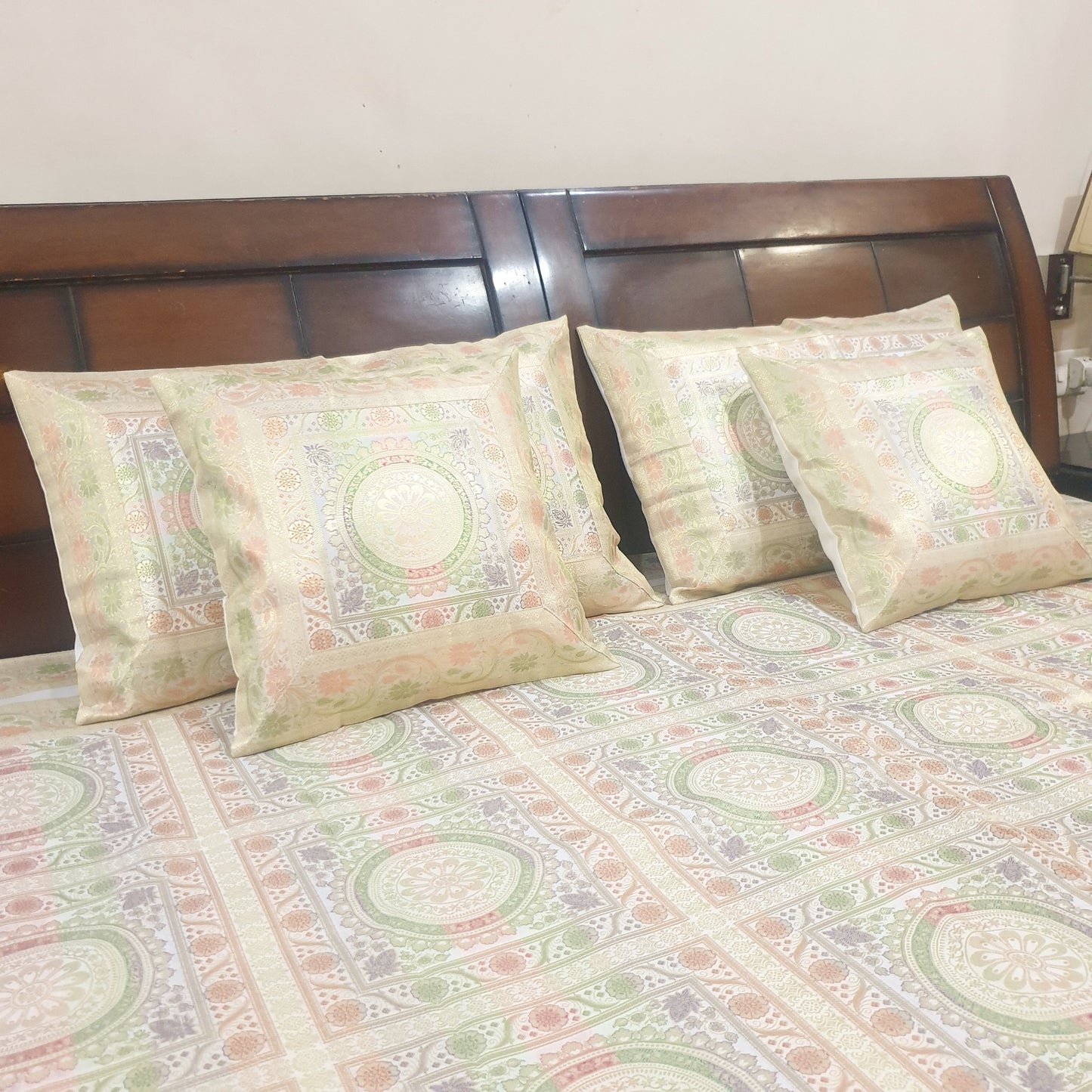 Banarasi Bed Cushion & Pillow Cover Set White Mandala Silk & Woven Zari Brocade
