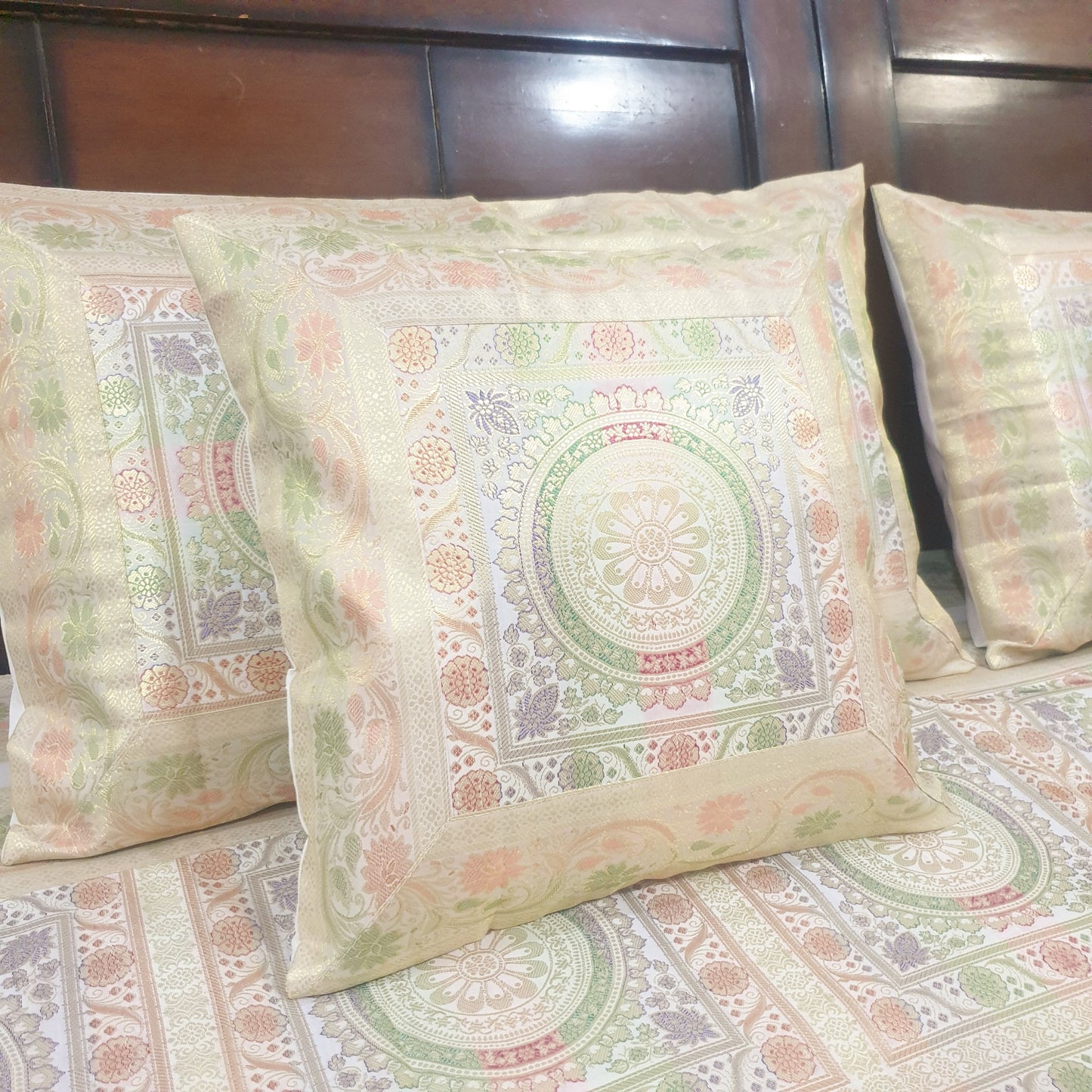 Banarasi Bed Cushion & Pillow Cover Set White Mandala Silk & Woven Zari Brocade