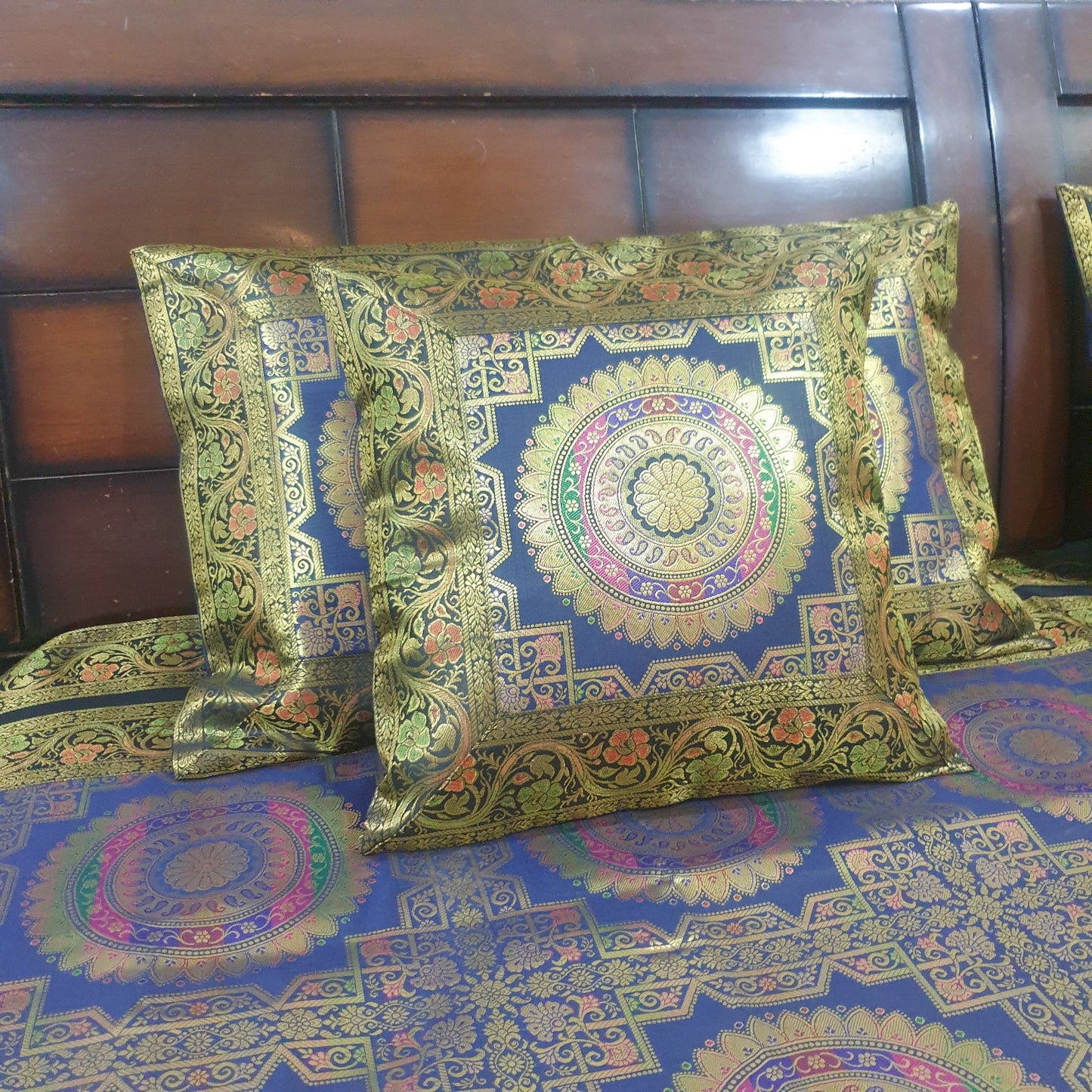 Banarasi Bed Cushion & Pillow Cover Set Dark Blue Mandala Silk & Woven Brocade