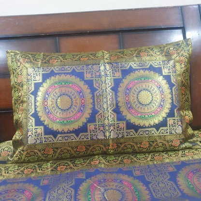 Banarasi Bed Cushion & Pillow Cover Set Dark Blue Mandala Silk & Woven Brocade