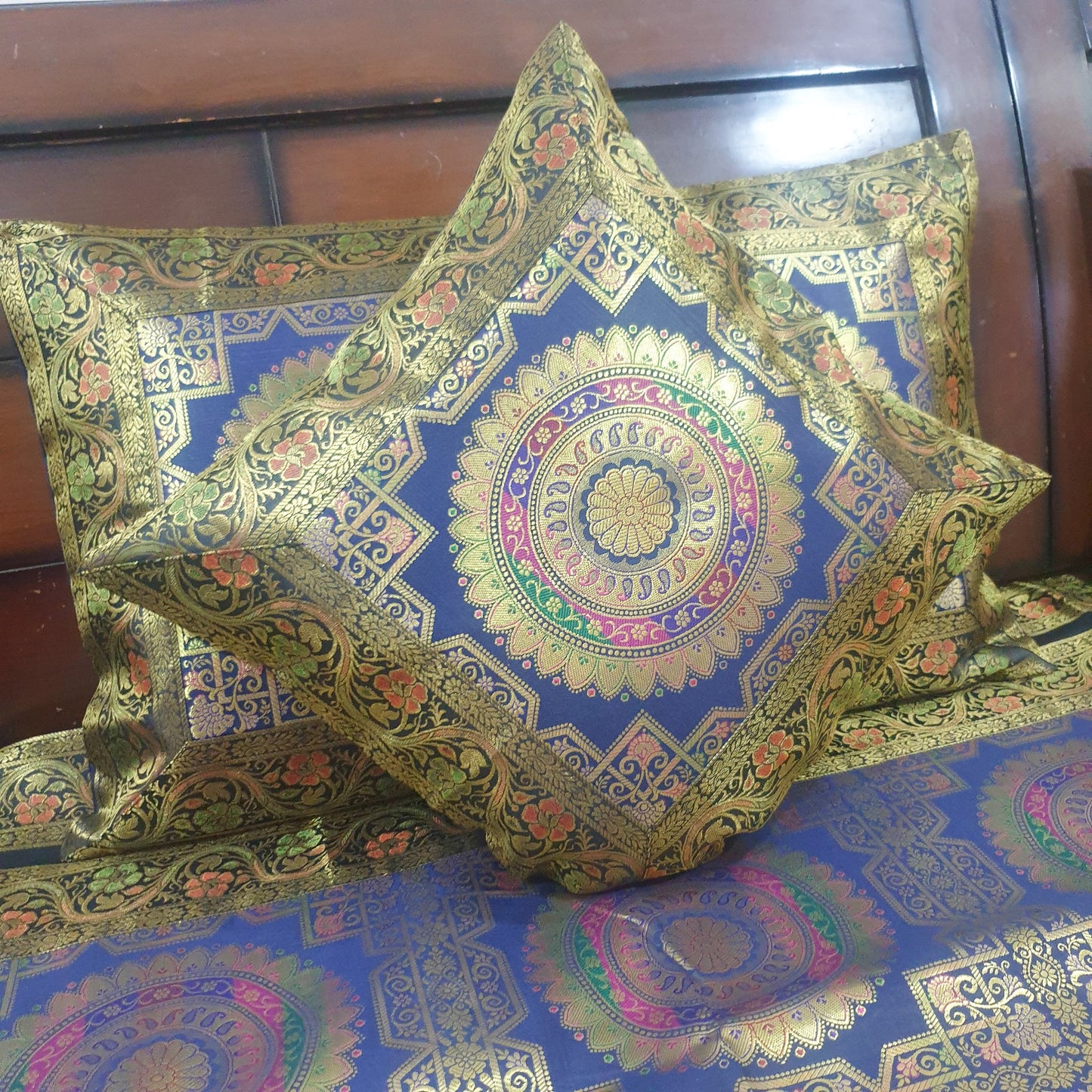 Banarasi Bed Cushion & Pillow Cover Set Dark Blue Mandala Silk & Woven Brocade