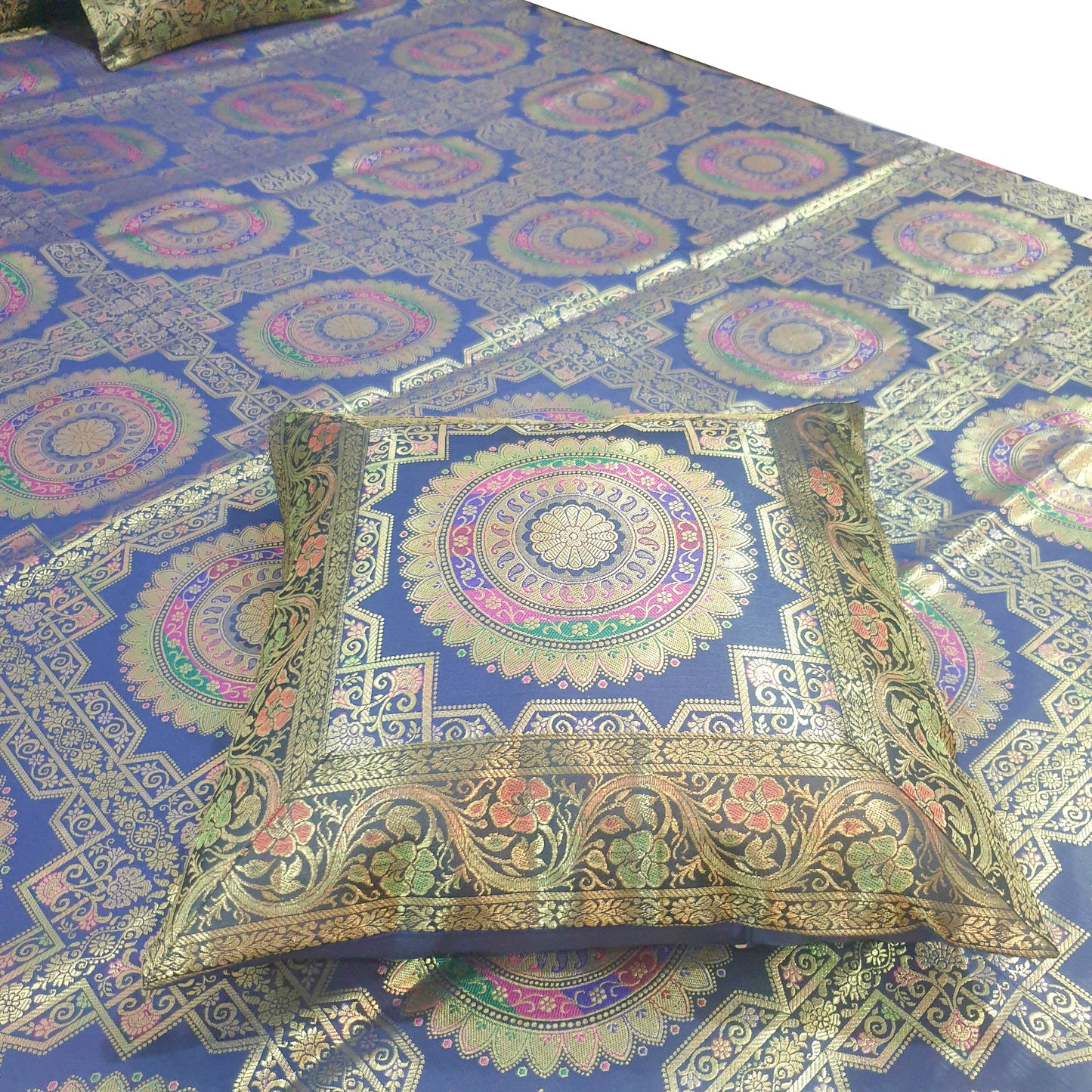 Banarasi Bed Cushion & Pillow Cover Set Dark Blue Mandala Silk & Woven Brocade