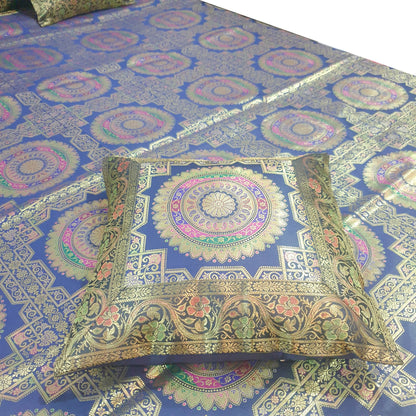 Banarasi Bed Cushion & Pillow Cover Set Dark Blue Mandala Silk & Woven Brocade