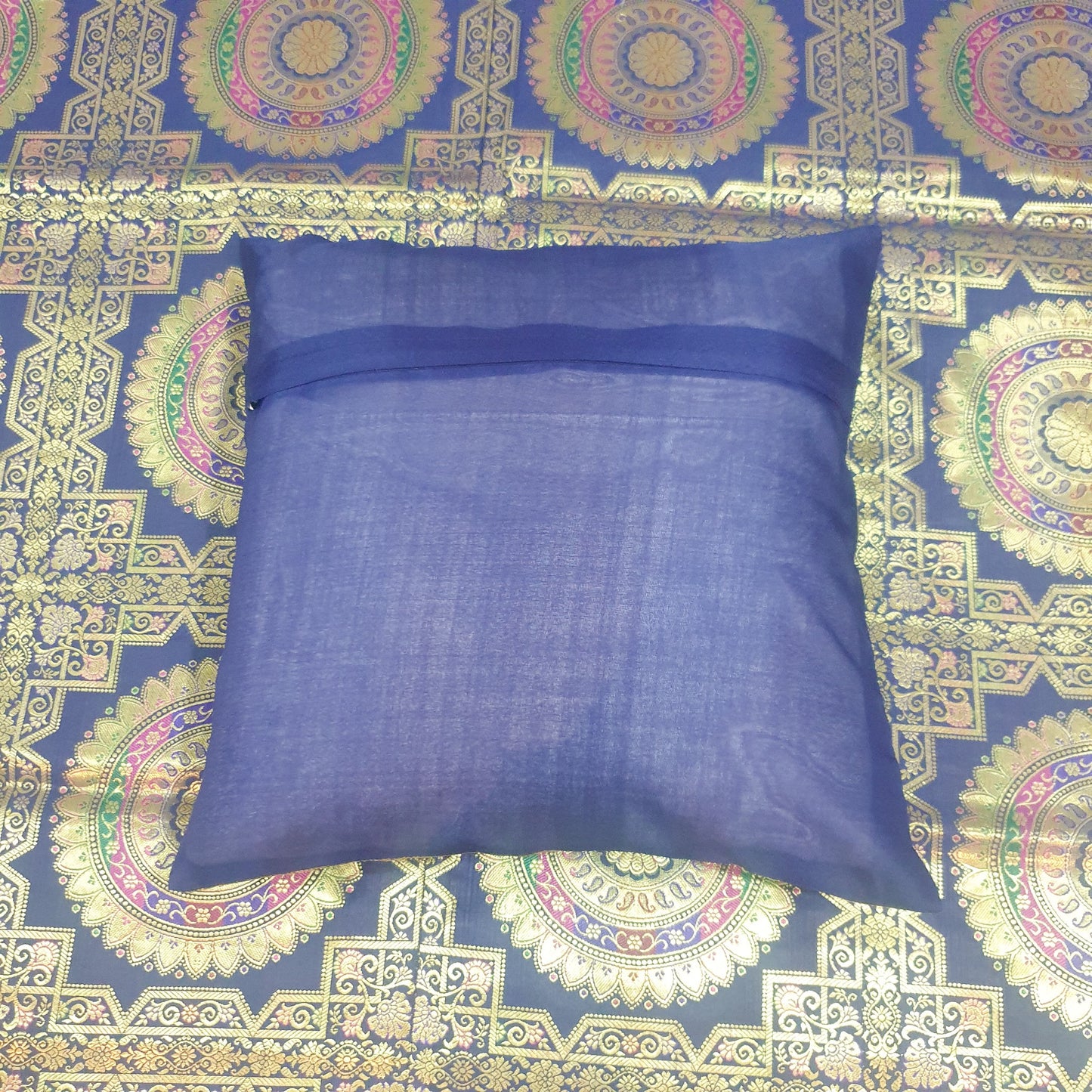 Banarasi Bed Cushion & Pillow Cover Set Dark Blue Mandala Silk & Woven Brocade
