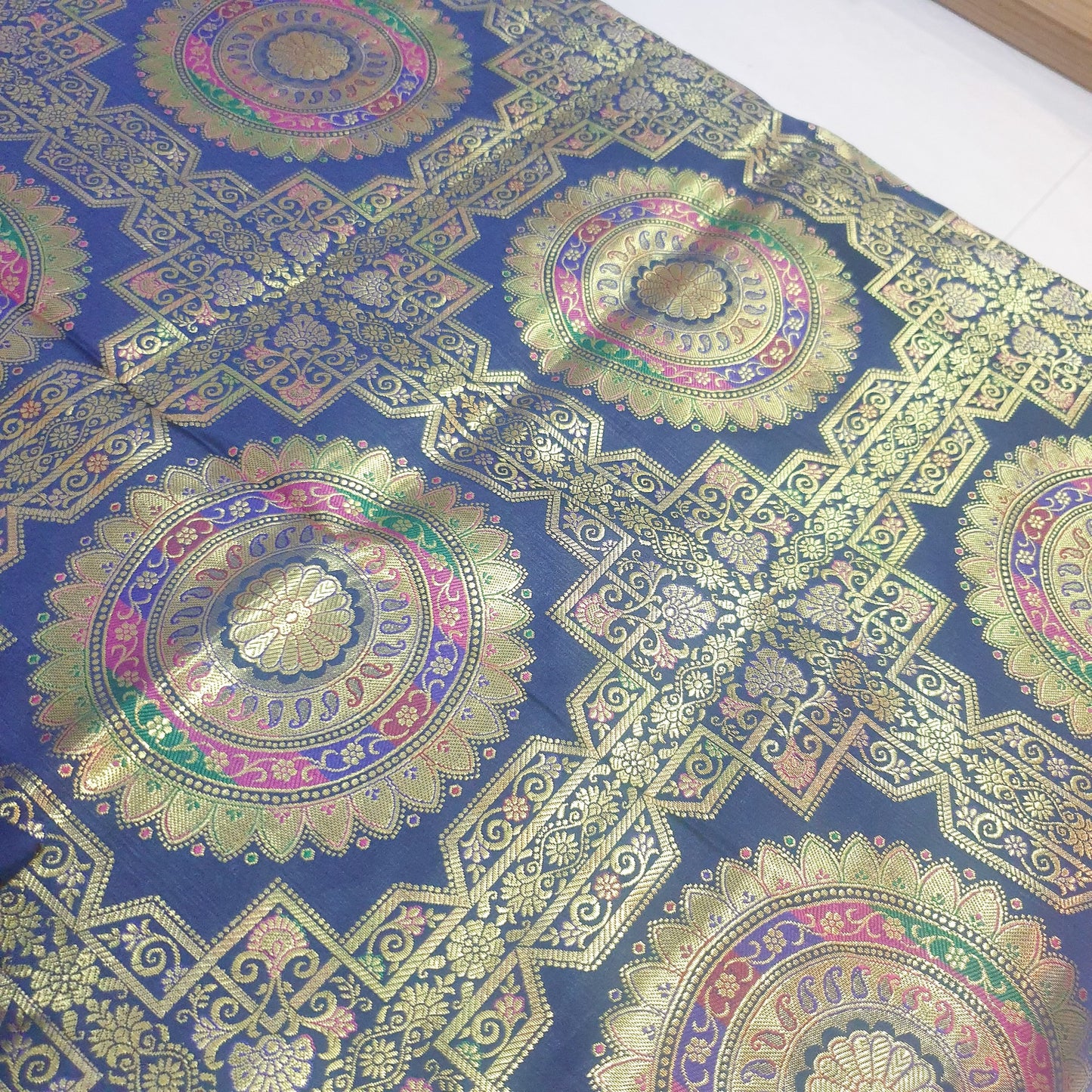 Banarasi Bed Cushion & Pillow Cover Set Dark Blue Mandala Silk & Woven Brocade