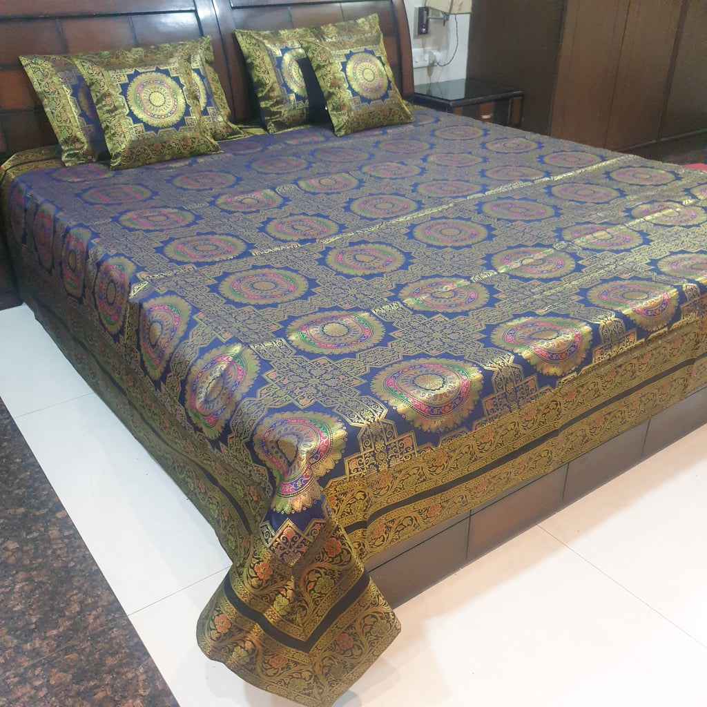 Banarasi Bed Cushion & Pillow Cover Set Dark Blue Mandala Silk & Woven Brocade