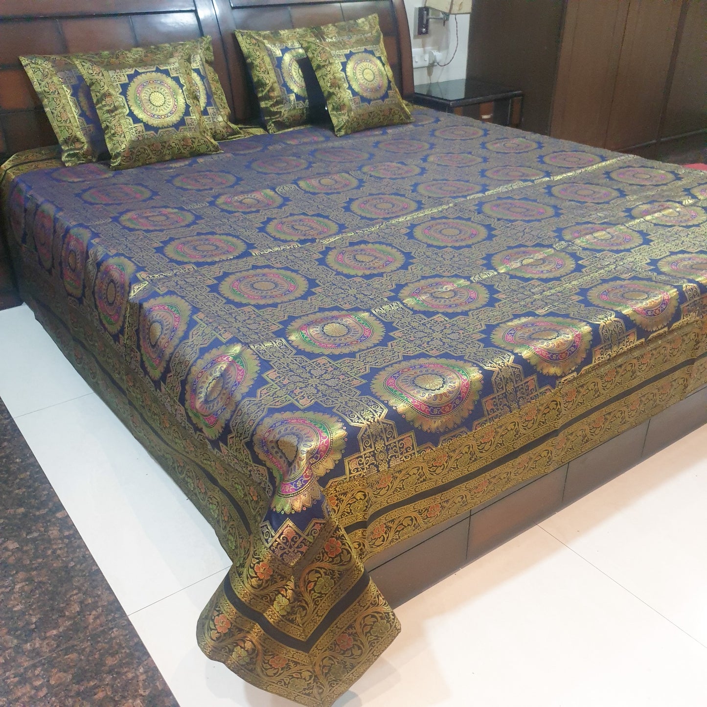 Banarasi Bed Cushion & Pillow Cover Set Dark Blue Mandala Silk & Woven Brocade