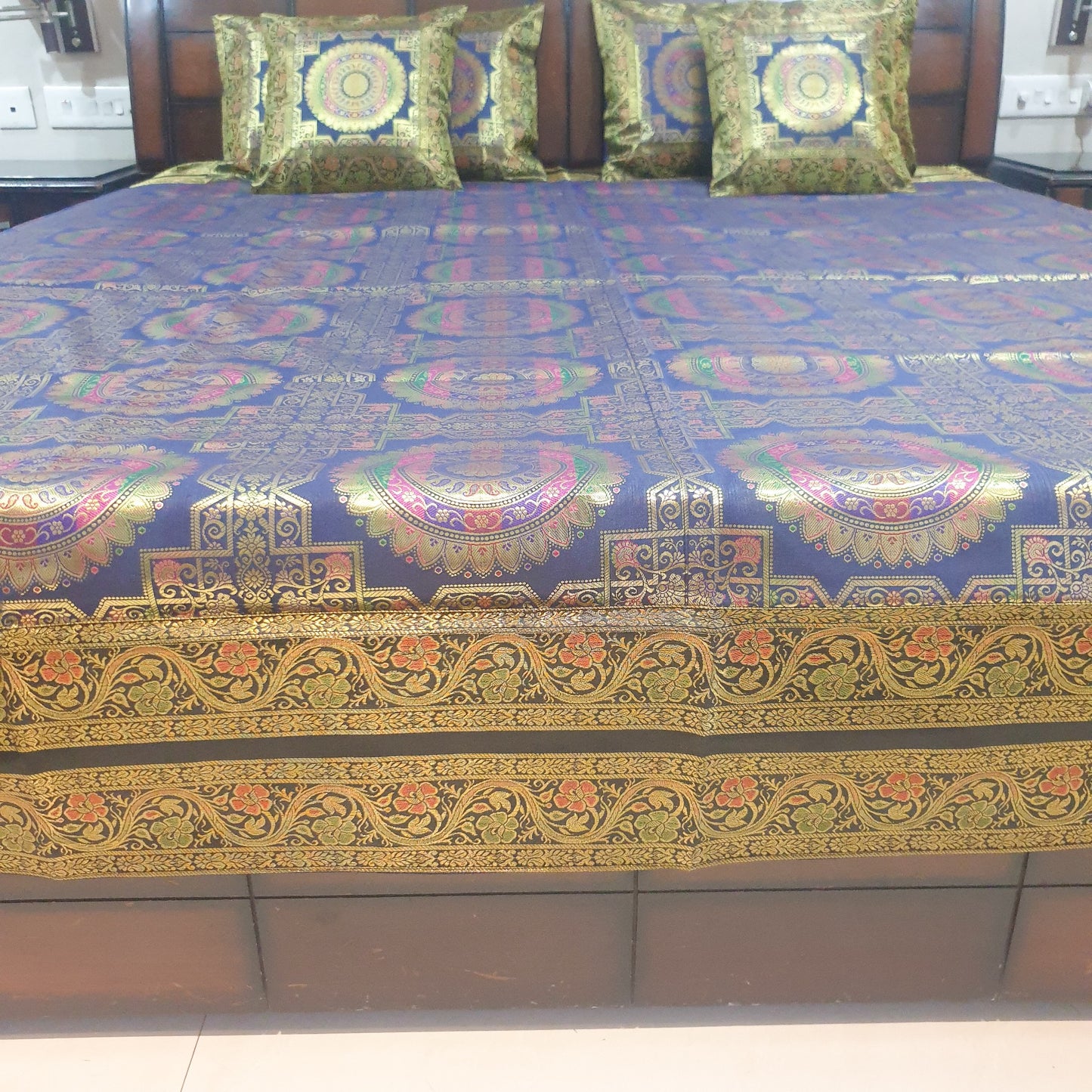 Banarasi Bed Cushion & Pillow Cover Set Dark Blue Mandala Silk & Woven Brocade