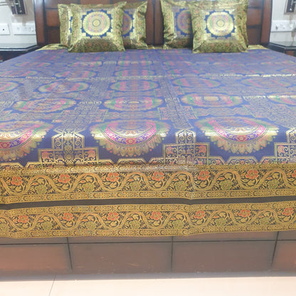 Banarasi Bed Cushion & Pillow Cover Set Dark Blue Mandala Silk & Woven Brocade