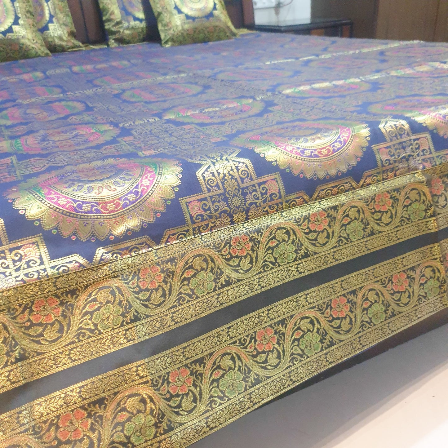 Banarasi Bed Cushion & Pillow Cover Set Dark Blue Mandala Silk & Woven Brocade