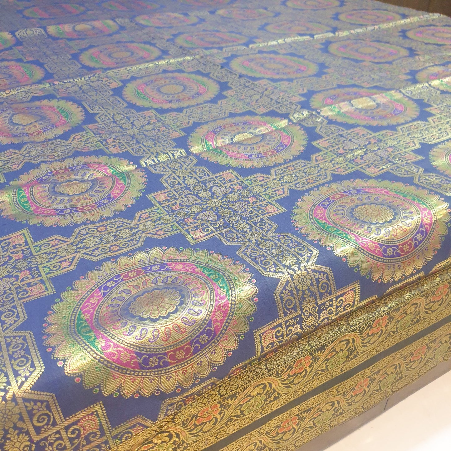 Banarasi Bed Cushion & Pillow Cover Set Dark Blue Mandala Silk & Woven Brocade