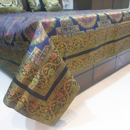 Banarasi Bed Cushion & Pillow Cover Set Dark Blue Mandala Silk & Woven Brocade