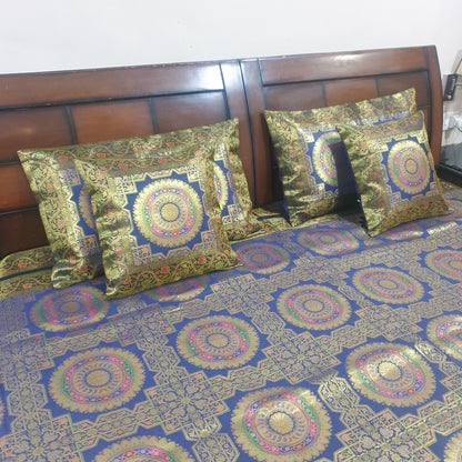 Banarasi Bed Cushion & Pillow Cover Set Dark Blue Mandala Silk & Woven Brocade