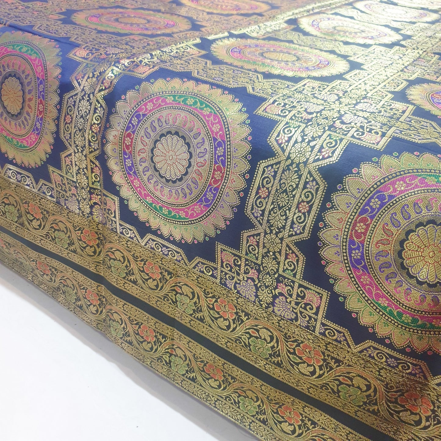 Banarasi Bed Cushion & Pillow Cover Set Dark Blue Mandala Silk & Woven Brocade
