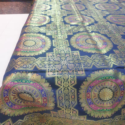 Banarasi Bed Cushion & Pillow Cover Set Dark Blue Mandala Silk & Woven Brocade