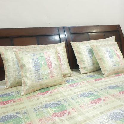 Banarasi Bed Cushion & Pillow Cover Set Peacock White Silk & Woven Brocade Gift