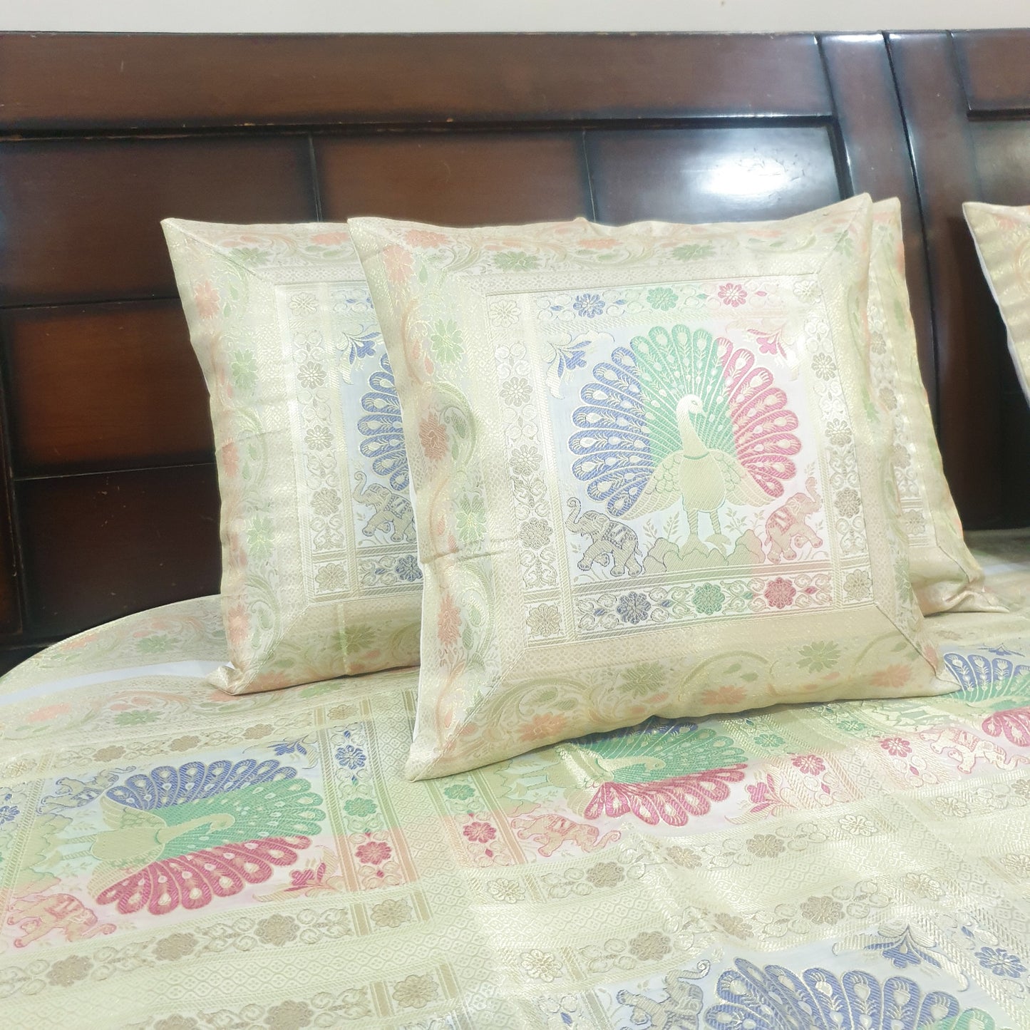 Banarasi Bed Cushion & Pillow Cover Set Peacock White Silk & Woven Brocade Gift