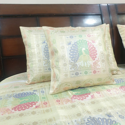 Banarasi Bed Cushion & Pillow Cover Set Peacock White Silk & Woven Brocade Gift