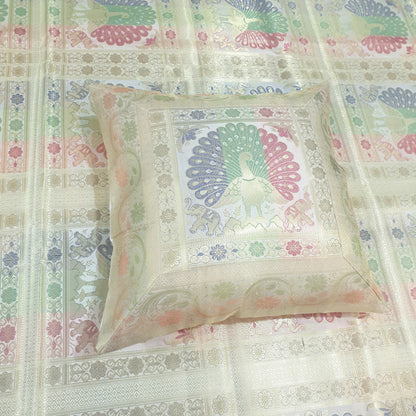 Banarasi Bed Cushion & Pillow Cover Set Peacock White Silk & Woven Brocade Gift