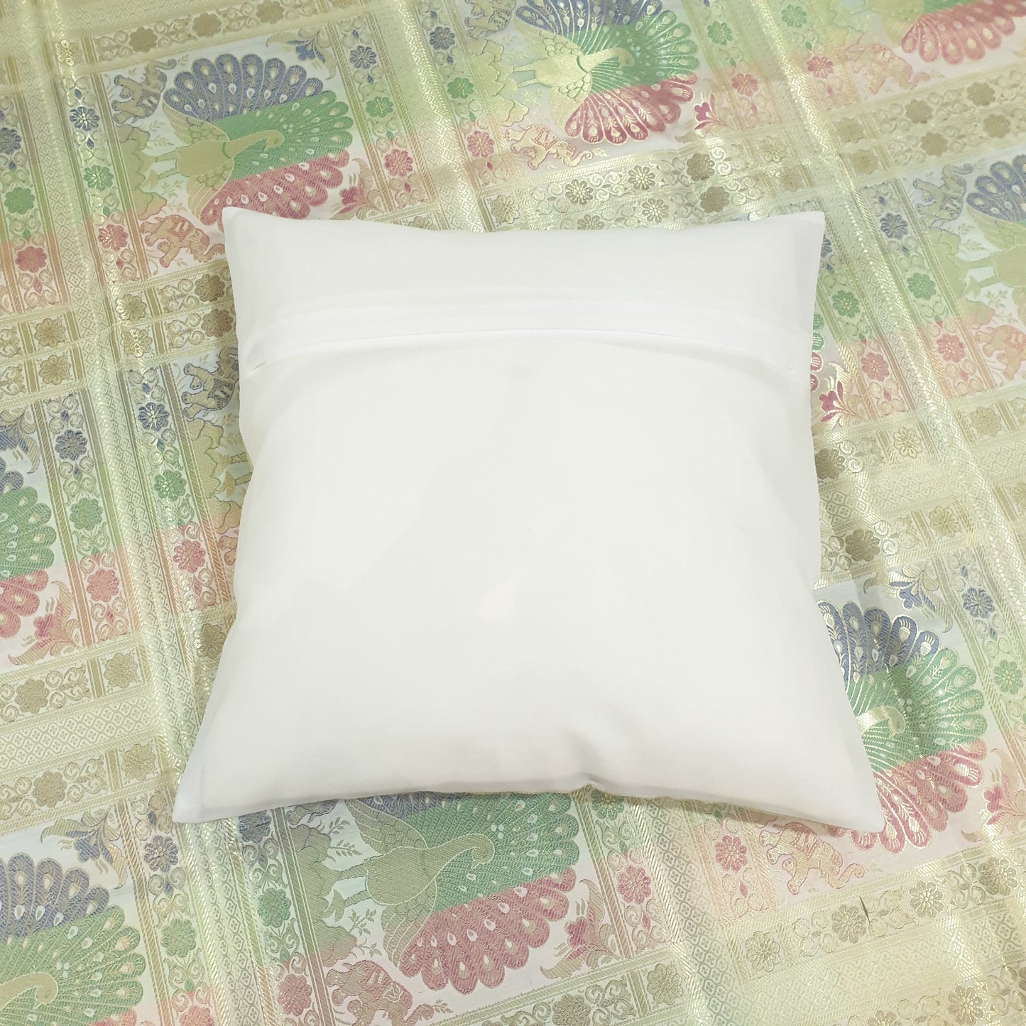 Banarasi Bed Cushion & Pillow Cover Set Peacock White Silk & Woven Brocade Gift