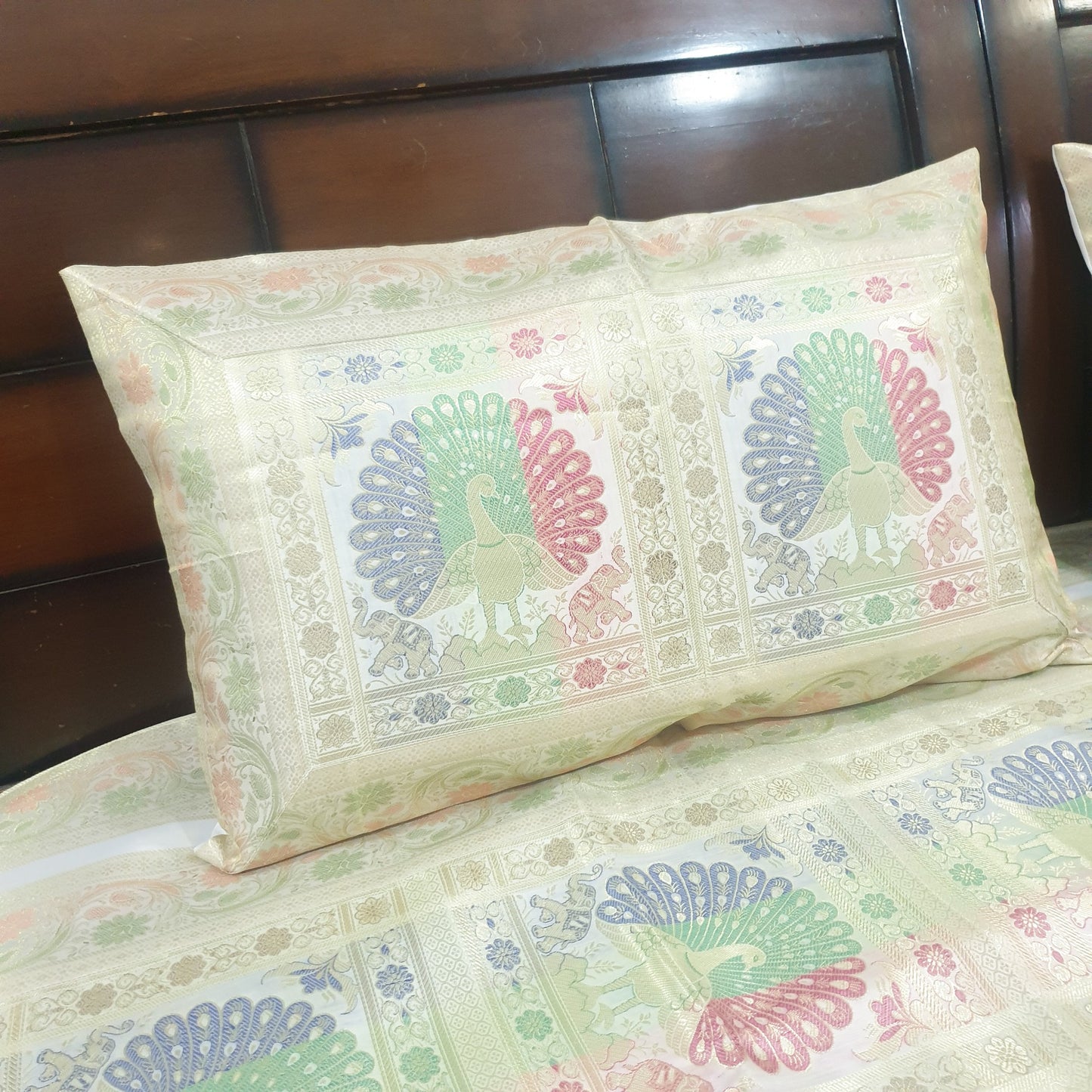 Banarasi Bed Cushion & Pillow Cover Set Peacock White Silk & Woven Brocade Gift